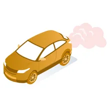 Yellow car with cloud of exhaust